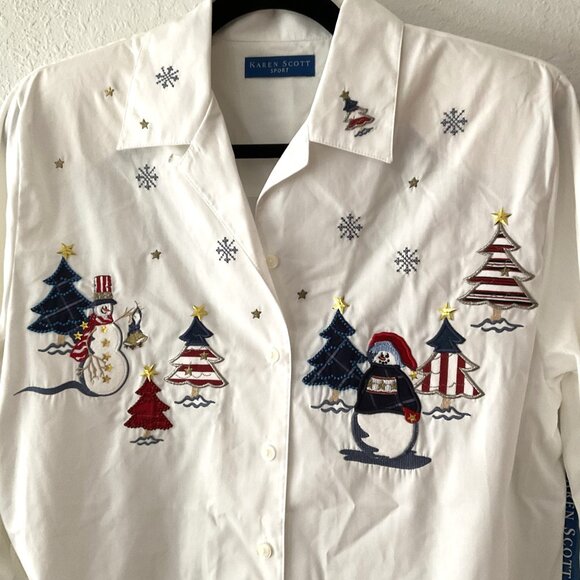 VINTAGE KAREN SCOTT EMBROIDERED CHRISTMAS BUTTON DOWN SHIRT - Picture 10 of 16